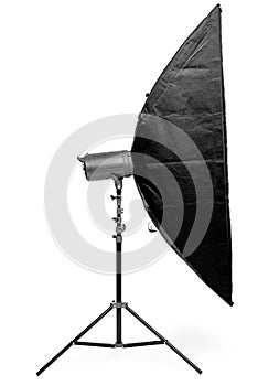 side view of a rectangular soft box on a rack on a white background in the studio