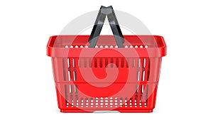 Side view of a Red empty customer plastic shopping basket. 3d rendering illustration isolated on white background.