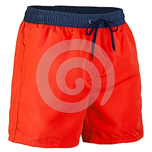 Side view of red and navy blue men shorts for swimming