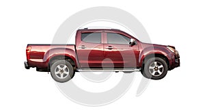 Side view of red pickup truck isolated on white background with clipping path