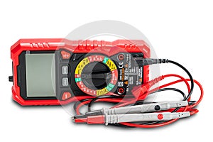 Side view of red portable digital multimeters or multitester with test leads and probes on white background