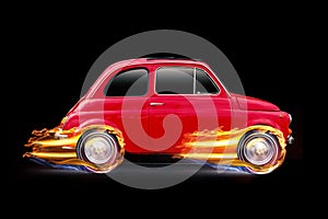 Side view red vintage car with hot wheels flames. Concept of racing at full speed