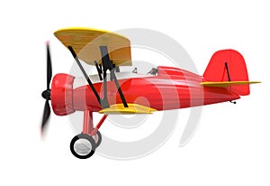 Side view of red and yellow biplane on white background.