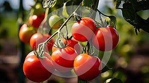 Side view of ripe red tomatoes in a greenhouse with lush foliage, varying stages of ripeness