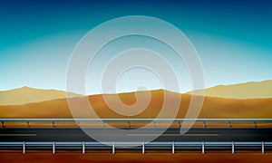 Side view of a road with a crash barrier, roadside, desert with sand dunes clear blue sky background, vector illustration