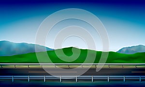 Side view of a road with a crash barrier, roadside, green meadow in the hills clear blue sky background, vector illustration