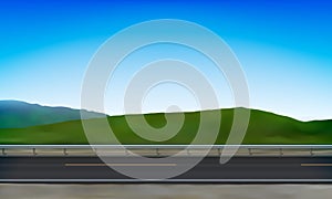 Side view of a road with crash barrier, roadside, green meadow in the hills and clear blue sky background, vector illustration