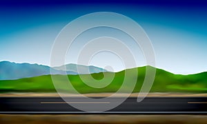 Side view of a road, roadside, green meadow in the hills clear blue sky background, vector illustration
