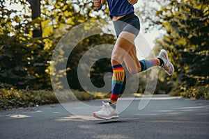 side view of runner midstride showcasing compression socks photo