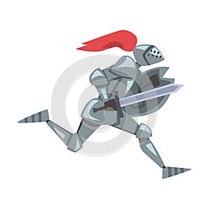 Side View of Running Medieval Knight, Chivalry Warrior Character in Full Metal Body Armor with Shield and Sword Cartoon