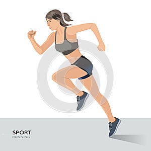 Side view of running woman in sporty clothes on gray