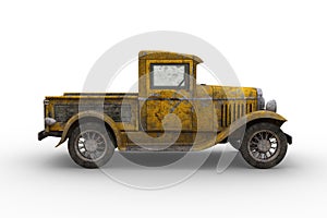 Side view of rusty old yellow vintage pickup truck with peeling paintwork. 3D rendering isolated on white background photo