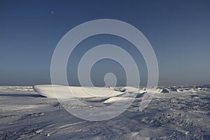 Side view of Sastrugi, wind carved ridges in the snow, near Arviat, Nunavut