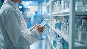 Side view of a scientist using a digital tablet to control laboratory photo