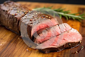 side view of seared steak split to show internal doneness