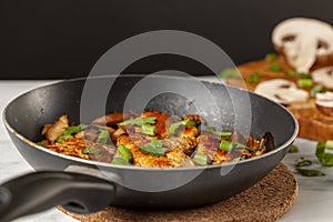 Side view selective focus image of sauteed roasted chicken breasts in a non stick frying pan