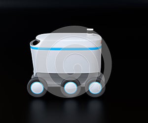 Side view of self-driving delivery robot on black background