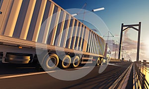 Side View of a Semi Trailer Container Truck over the Bridge