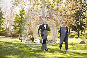 Side View Of Senior Couple Power Walking Through Park