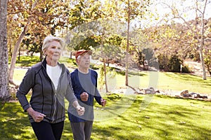 Side View Of Senior Couple Power Walking Through Park