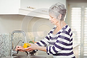 Side view of senior woman washing bell pepper