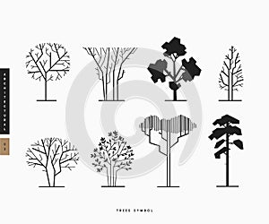 Side view, set of black graphics trees elements outline symbol for architecture and landscape design drawing. Natural icon. Vector