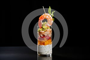 side view of shrimp cocktail in tall glass, sauce on bottom