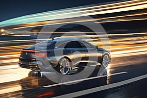 Side view of silver business car going at high speed on the highway at night, surrounded by blue and orange neon light trails from