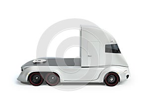 Side view of silver self-driving electric semi truck isolated on white background