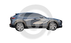 Side view of single black or dark blue hatchback car isolated on white backgroud with clipping path