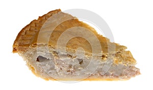 Side view of a slice of cold chicken meat pie isolated on a white background