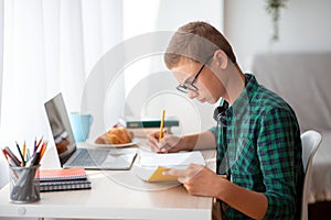 Side view of smart schooler doing homework at room