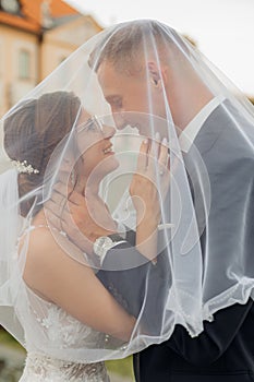 Side view of smiling wedding couple standing under veil. Young woman touching face of man, young groom hugging bride.