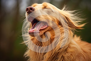 side view of a sneezing dog, tongue lolling out