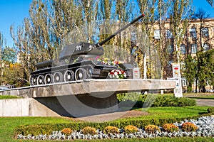 Side view of the Soviet tank T-34 during the Second World War. This monument is located on Victory Avenue.