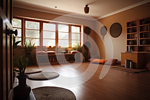 Side view of spacious, bright, cozy and quiet meditation room, feeling of peace and tranquility