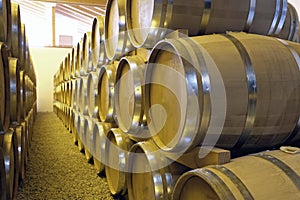 Side view of stacked casks at a whisky distillery in a row under the light
