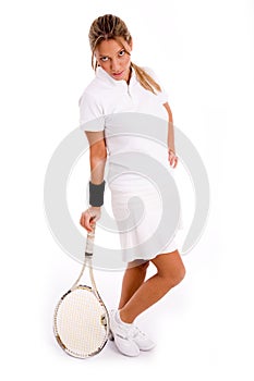 Side view of standing player with tennis racket