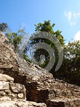 A side view of the steps of the Ixmoja pyramid at Mayan Coba Ruins in Cancun