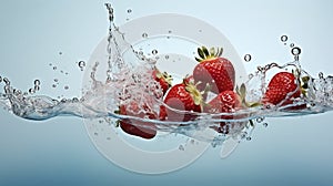 side view, strawberries falling into water, airbubbles and water drops are visible as the strawberries falls into water