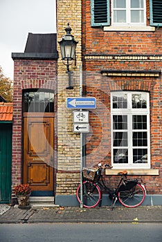 Side view on street sign with bicycle free way and one way street