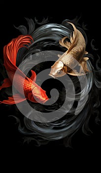 Side view Tai Chi Yin Yang fish, a red carp, and a black carp, oriental mysticism. Generative AI