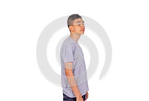 Side view of Thai Thai boy in gray t-shirt a nd close eyes