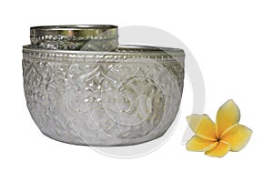 Side view of Thai vintage pattern silver bowl, isolated