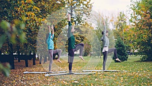 Side view of three slim girls doing yoga in park practising balancing exercises standing on one leg on mat and moving