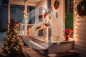 Side view to illuminated white front porch of country house decorated with Christmas decorations.