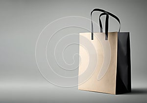 Side view of tote mockup paper shopping bag with black handle over dark grey background in studio of generative AI