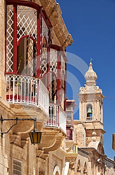 A side view of traditional Maltese style balconies in Mdina. Malta.