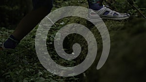 Side view of a traveler boy legs walking in the forest, climbs over the lying tree. Creative. Close up of green forest