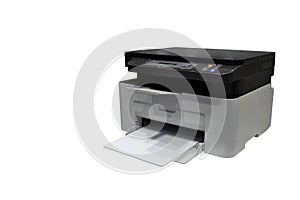 Side view, two colour, black and white printer and paper on white background, technology, object, copy space